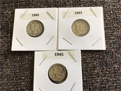 Three Mercury Dimes 1945, 1943, 1945