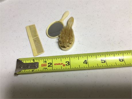 Vintage doll mirror, brush and comb