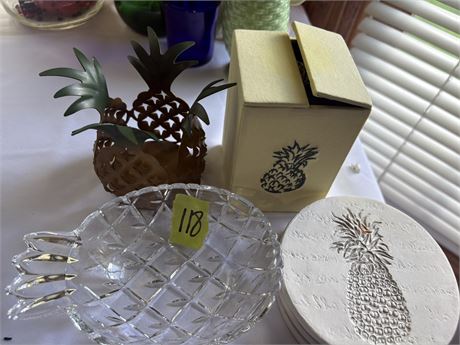 Pineapple Decor, Coasters, Glass Dish, Brass Pineapple