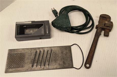 Vintage Stereo Cassette Player & Pipe Wrench & Rapid Slaw & Vegetable Cutter