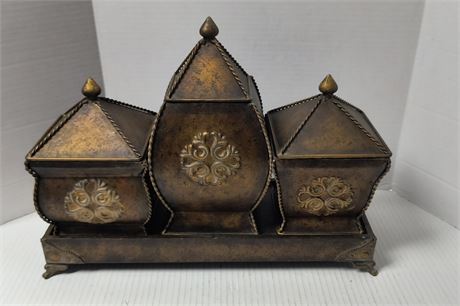 3 Decorative Metal Storage Containers & Display Stand