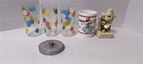 Vintage Statue & Drinking Glasses & Mickey Mouse Cup