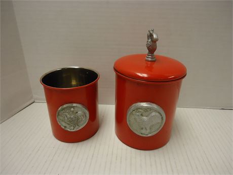 ODI Red Rooster Medallion & Knob Canisters. One Missing Lid
