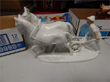 Vintage Germany/Bavaria Horses/Plow Plowman White Porcelain Gilded Figurine