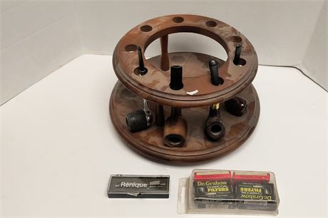 Vintage Cigar Pipes & Wood Cigar Display Stand