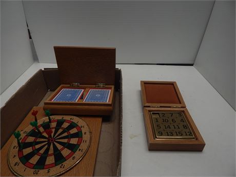 Wood Dart Board & Puzzle Slide Game & 2 Decks Of Card With Wood Case