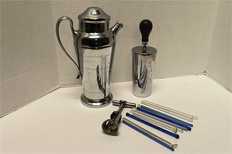 Vintage Bar Lot. Cocktail Shaker & Glass Stir Sticks  & More