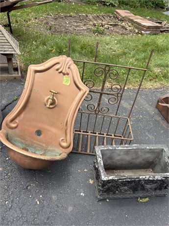 Deco Lot, Metal Spout, Metal Shelf, Stone Planter