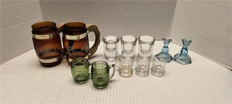 Flat Of Shot Glasses & Siesta Ware Barrel Mugs & Candle Holders