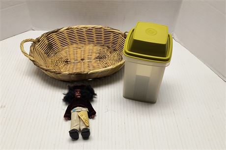 Vintage Navaho Brave Carlson Dolls & Tupperware Pickle Keeper & Wicker Basket