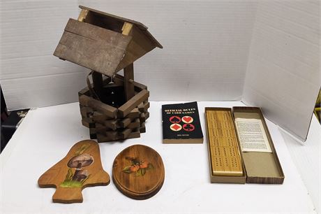 Vintage Cribbage Game & Small Wishing Well & Wood Decor