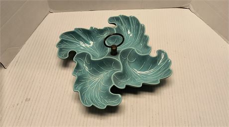 USA Pottery Mid-Century Turquoise Aqua Divided Condiment Leaf Dish