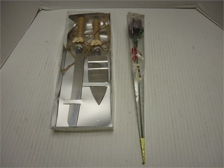 Rustic Wedding Cake Knife Set & Glass Rose