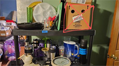 Cast iron skillets, travel mugs, clock, misc (shelf not included)