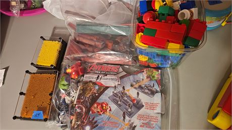 Lincoln logs,avengers game, duplo, etc