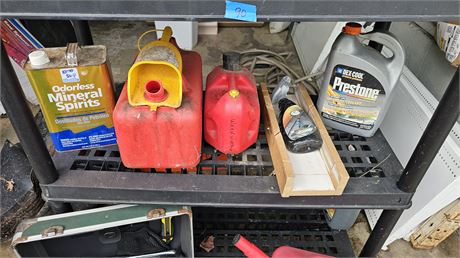 Shelf contents: tools, gas cans, miter box, etc (not shelf unit)