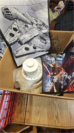 Dishes,star wars bags, trophies, dvds, kid books