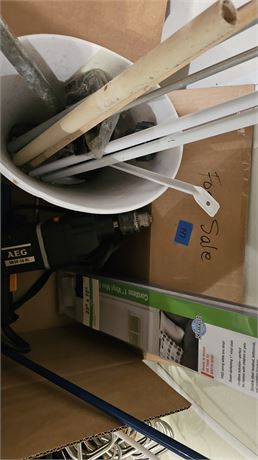 Power drill, mini blind, pants hangers, misc