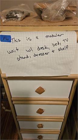 Modular unit w/desk, bed, TV stand, dresser and shelf