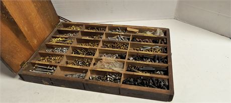 Various Nut & Bolts & Washers In A Wood Storage Box