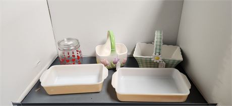 Teleflora Spring Ceramic Baskets & Fire King Baking Dish & Sweet Hearts Jar