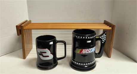 2 Dale Earnhardt Cups & Wood Rack