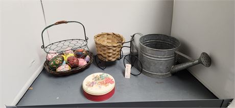 Metal Basket With Decorative Eggs & Metal Water Can & More