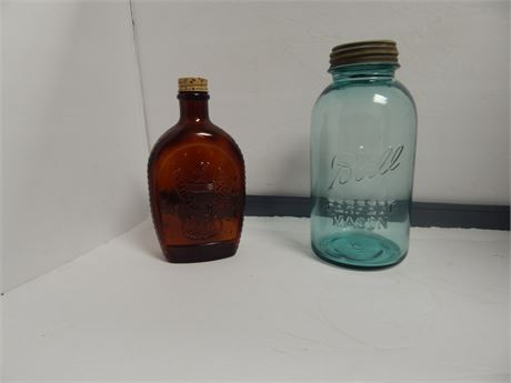 Ball Blue Mason Jar & Brown Jar With Cork