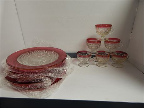 Indiana Diamond Point Glass Punch Cups & Indiana Glass Plates