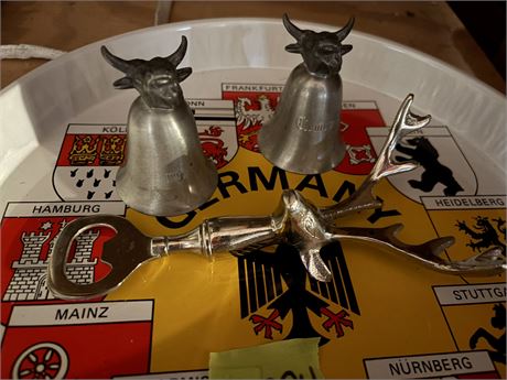 Vintage German Pewter Bull Stir Up Cups, Tray, Drink Opener