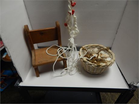 Wood Doll Chair & Hanging Basket Of Shells & Decorative Tree