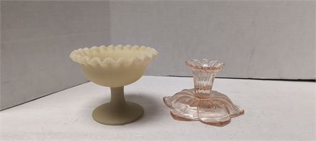 Fenton Cream Custard Compote Dish & Westmoreland Glass Lotus Pink Candle Holder