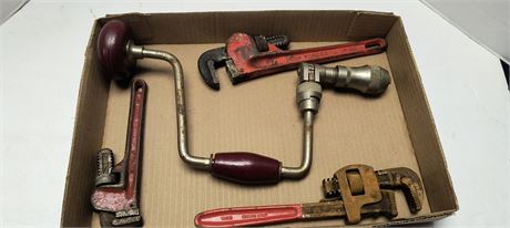 Vintage Hand Drill & Pipe Wrenches