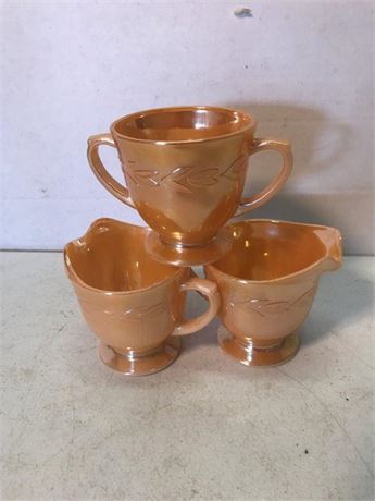 FireKing Peach Lustre Sugar Bowl & Creamers