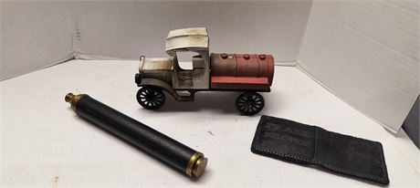 Vintage Metal Truck & Vintage Wallet & Brass Telescope