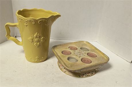 Jane Adams Fancy Scroll Collection Pitcher & 6 Tea Light Ceramic Candle Holder