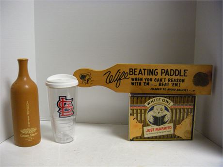 Vintage Cigar Box & Glass Bottle & Wood Decorative Paddle & More