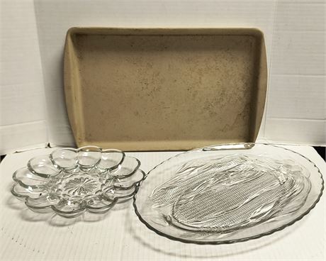 Deviled Egg Platter & Glass Corn Platter & Pampered Chef Stoneware Baking Dish