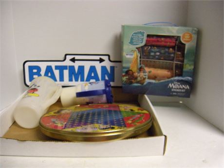Batman Sign & Moana Sticker Kit & Chinese Checkers & Plastic Mickey Mouse Cups