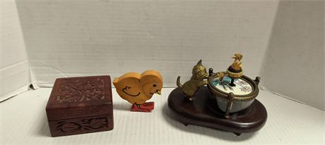 Wood Carved Trinket Box & Vintage Cat Music Box & Wood Chicken