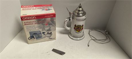 Vintage German Beer Stein & Pocket Knife & Omron Blood Pressure Monitor