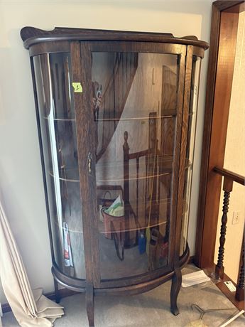 Antique Tiger Oak Curved Glass Curio Cabinet