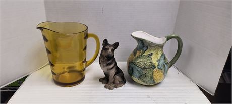 2 Glass Pitchers & Dog Statue