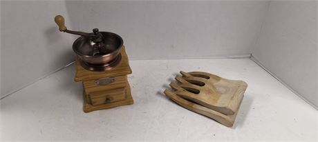 Coffee Grinder & Wood Bear Claw Salad Servers