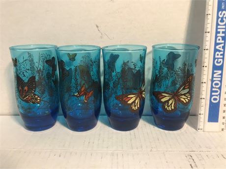 Set of 4 Butterfly Blue Glass Cups