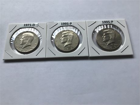 1995-P, 1971-D, 1995-P Kennedy 1/2 Dollar Coins