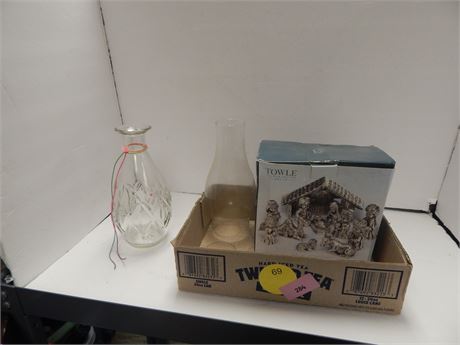 12 Piece Silverplated Child's Nativity Set & Glass Bottle & Glass Shade