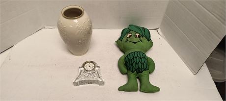 Waterford Crystal Clock & Collectible Vase & Vintage Green Giant Sprout Doll