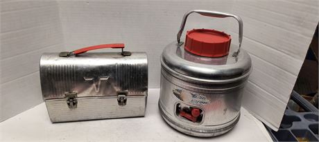 Vintage American Thermos Co. V Aluminum Lunchbox &  Vintage Aluminum Water Jug