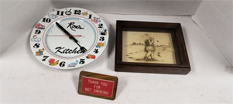 Thank You For Not Smoking Sign & Ron's Kitchen Clock & Framed Artwork